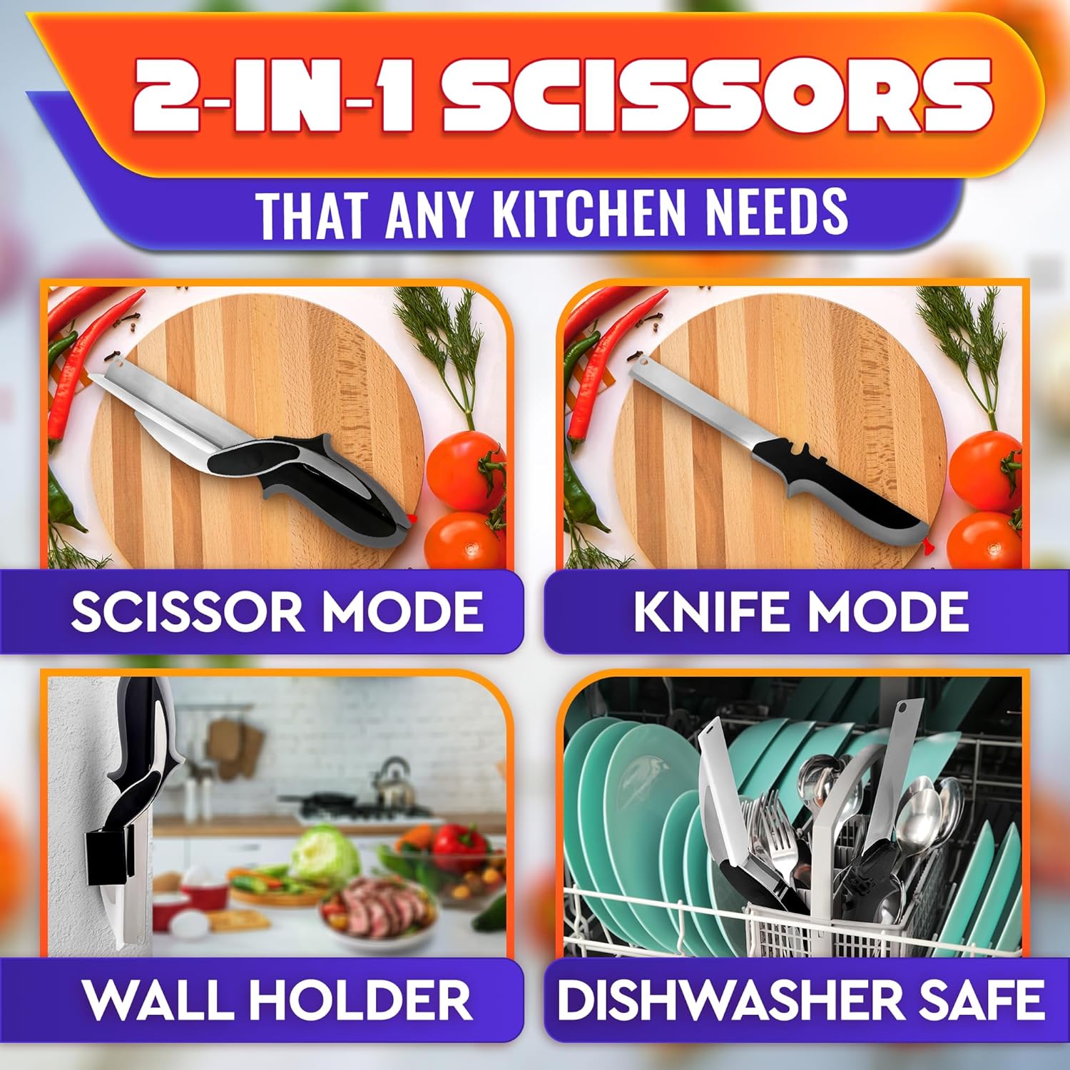 2 in 1 Kitchen Scissors for Food – Stainless Steel Blade & Plastic Cutting Board Scissors with Safety Lock