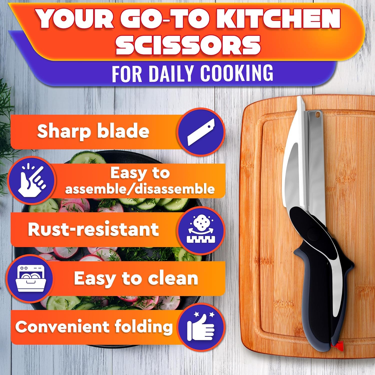 2 in 1 Kitchen Scissors for Food – Stainless Steel Blade & Plastic Cutting Board Scissors with Safety Lock