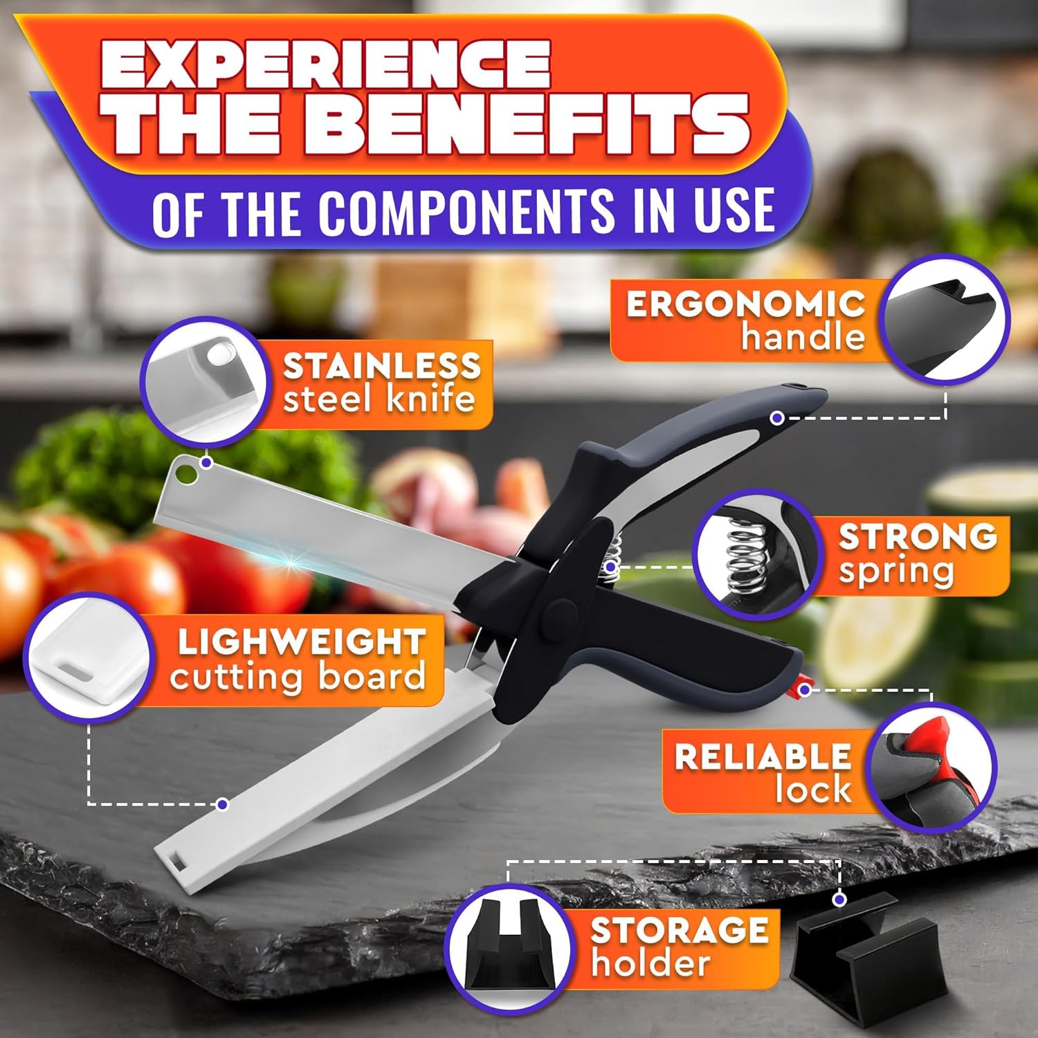 2 in 1 Kitchen Scissors for Food – Stainless Steel Blade & Plastic Cutting Board Scissors with Safety Lock